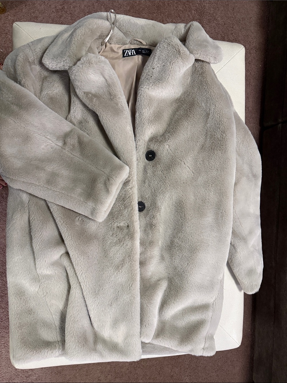 Zara Plush Faux Fur Coat in Pale Gray